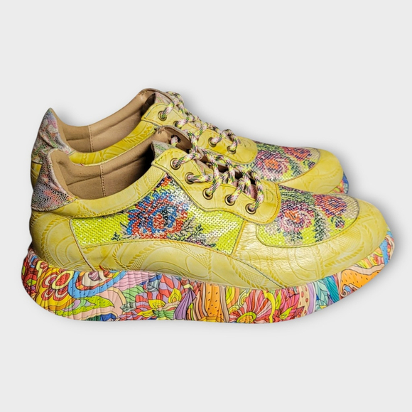 Spring Step L'Artiste Caffey Leather Platform Sneakers Lime Green Floral Size 42 - Picture 1 of 13